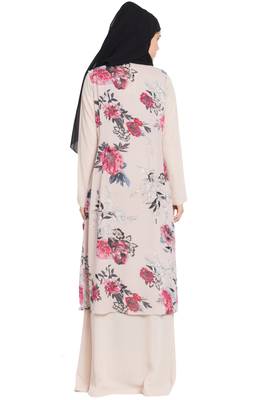 Light Beige Print Two Pieces Set Abaya And Shrug Combo 5