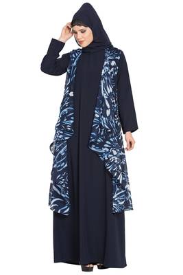 Navy Blue And White Print Two Pieces Set Abaya And Shrug Combo 1