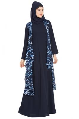 Navy Blue And White Print Two Pieces Set Abaya And Shrug Combo 2