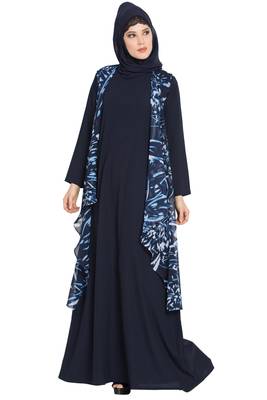 Navy Blue And White Print Two Pieces Set Abaya And Shrug Combo 3