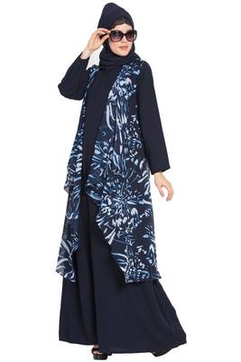 Navy Blue And White Print Two Pieces Set Abaya And Shrug Combo 4