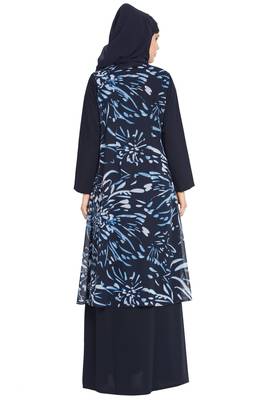 Navy Blue And White Print Two Pieces Set Abaya And Shrug Combo 5