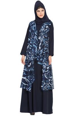 Navy Blue And White Print Two Pieces Set Abaya And Shrug Combo 6