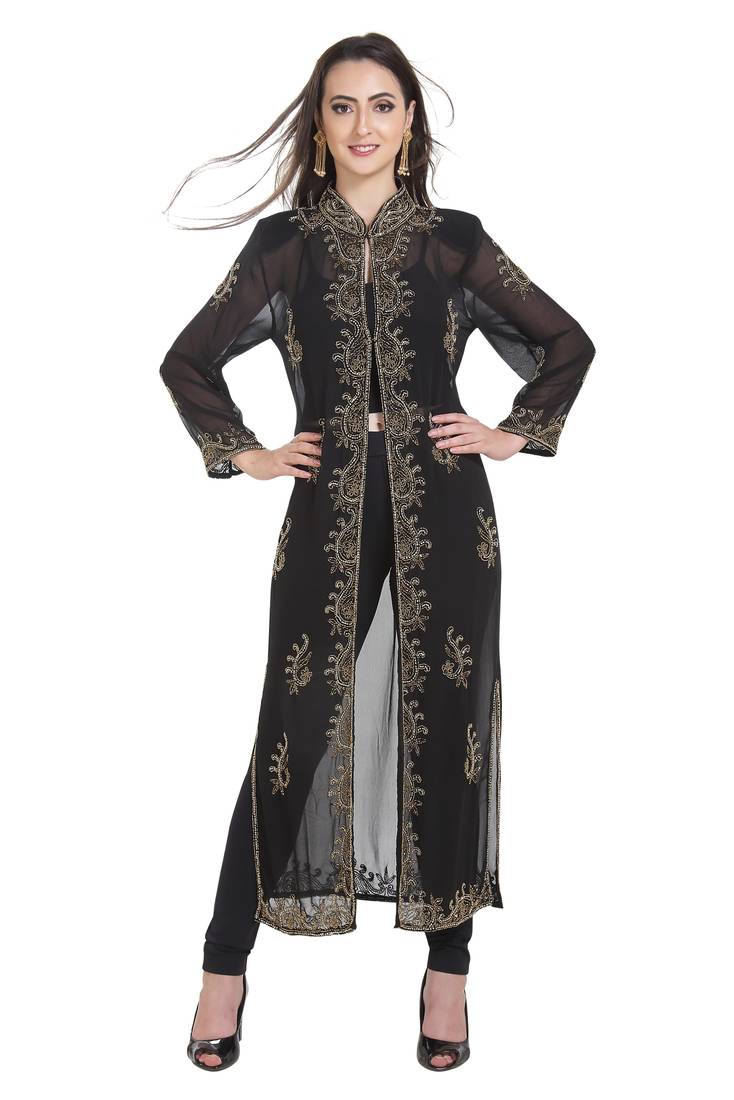 Black Embroidered Georgette Ethnic Kurtis