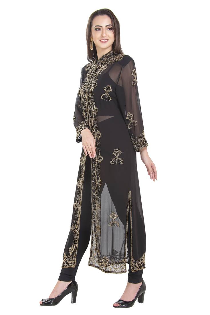 Black Embroidered Georgette Ethnic Kurtis