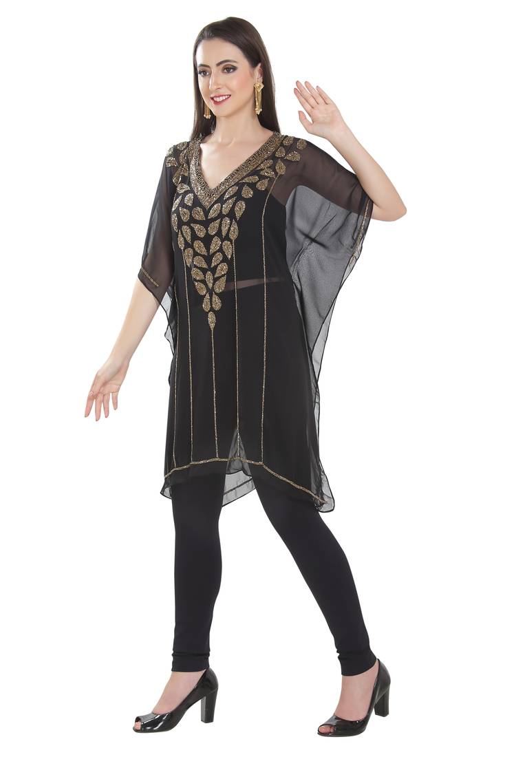 Black Embroidered Georgette Ethnic Kurtis