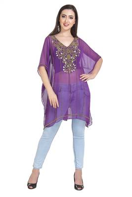 Purple Embroidered Georgette Ethnic Kurtis 1