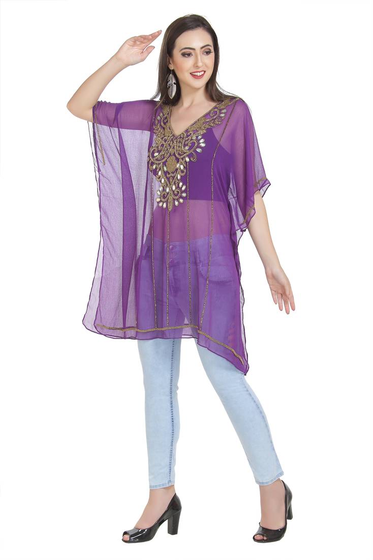 Purple Embroidered Georgette Ethnic Kurtis