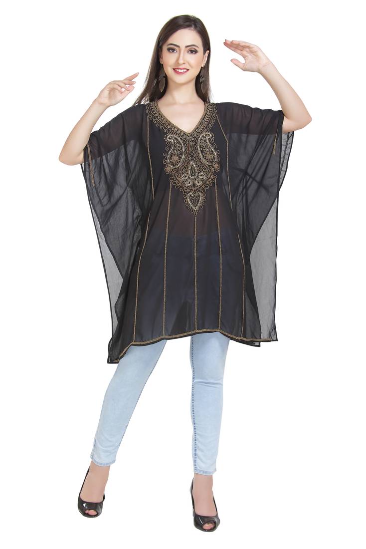 Black Embroidered Georgette Ethnic Kurtis
