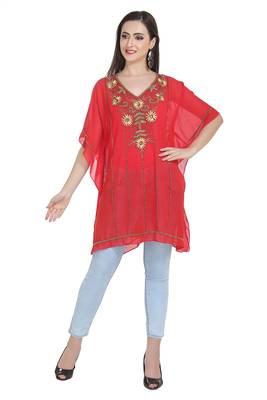 Red Embroidered Georgette Ethnic Kurtis 1