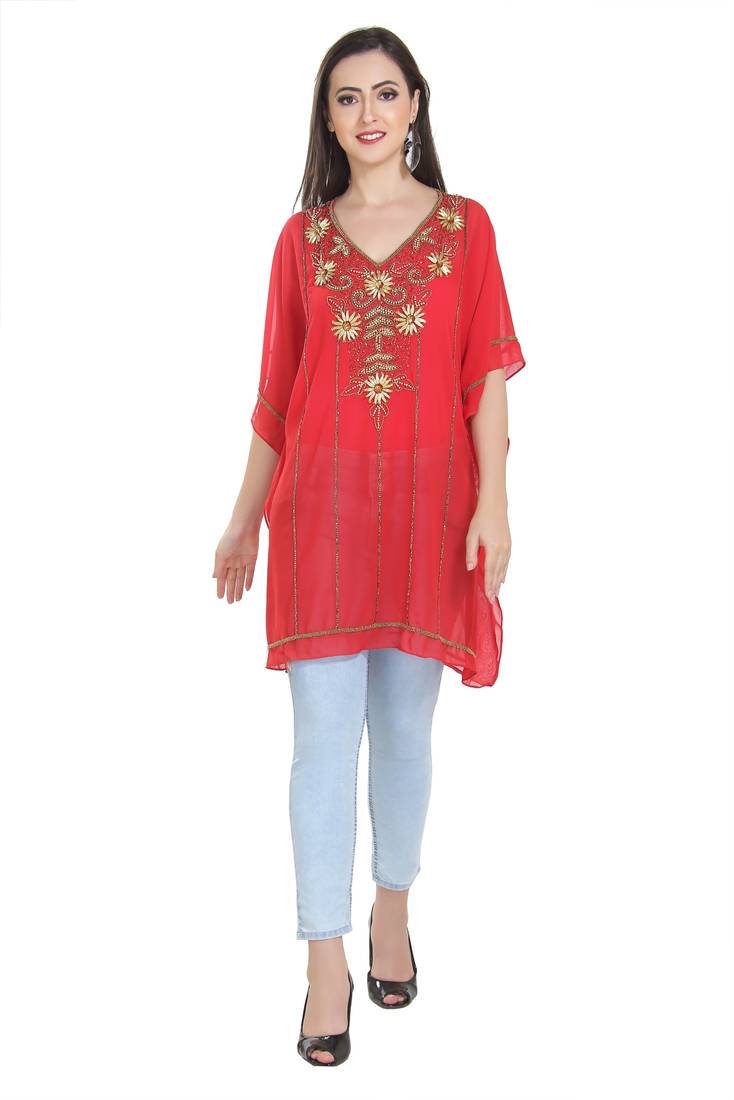 Red Embroidered Georgette Ethnic Kurtis