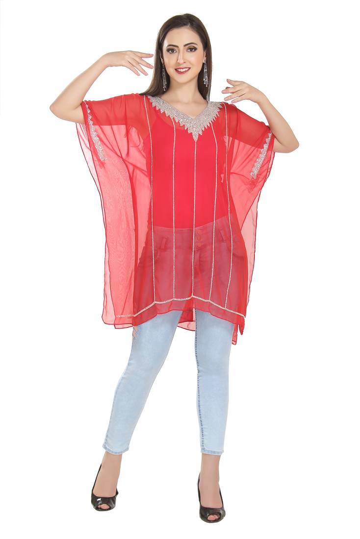 Red Embroidered Georgette Ethnic Kurtis