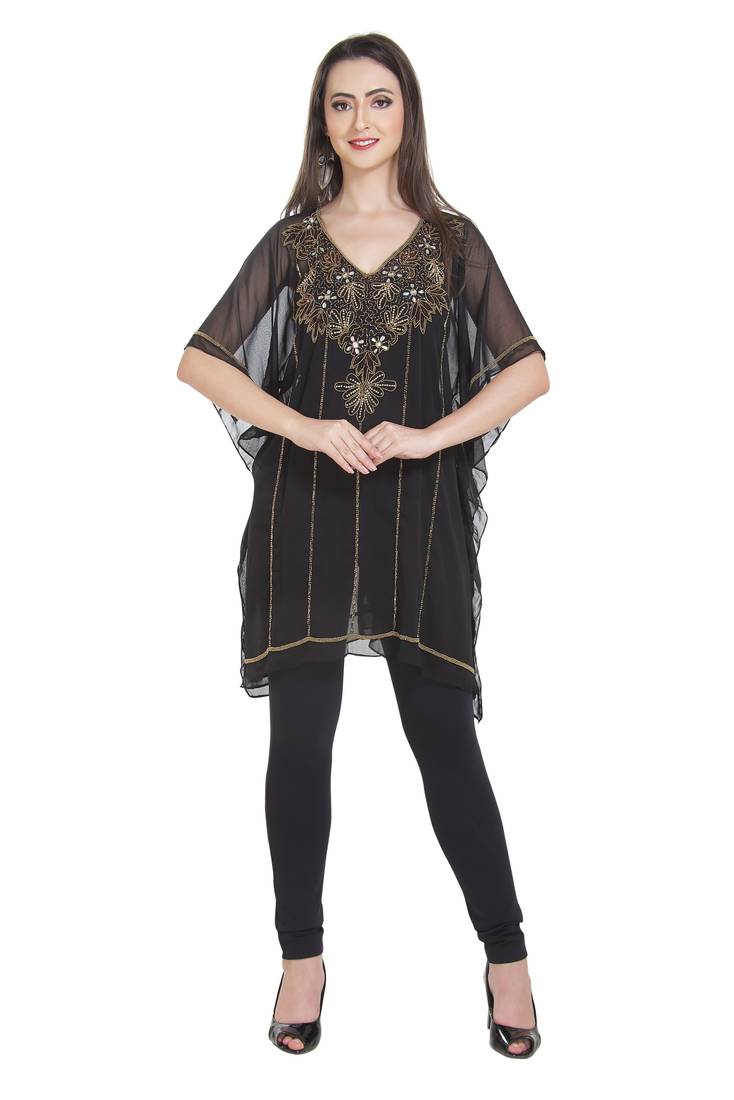 Black Embroidered Georgette Ethnic Kurtis