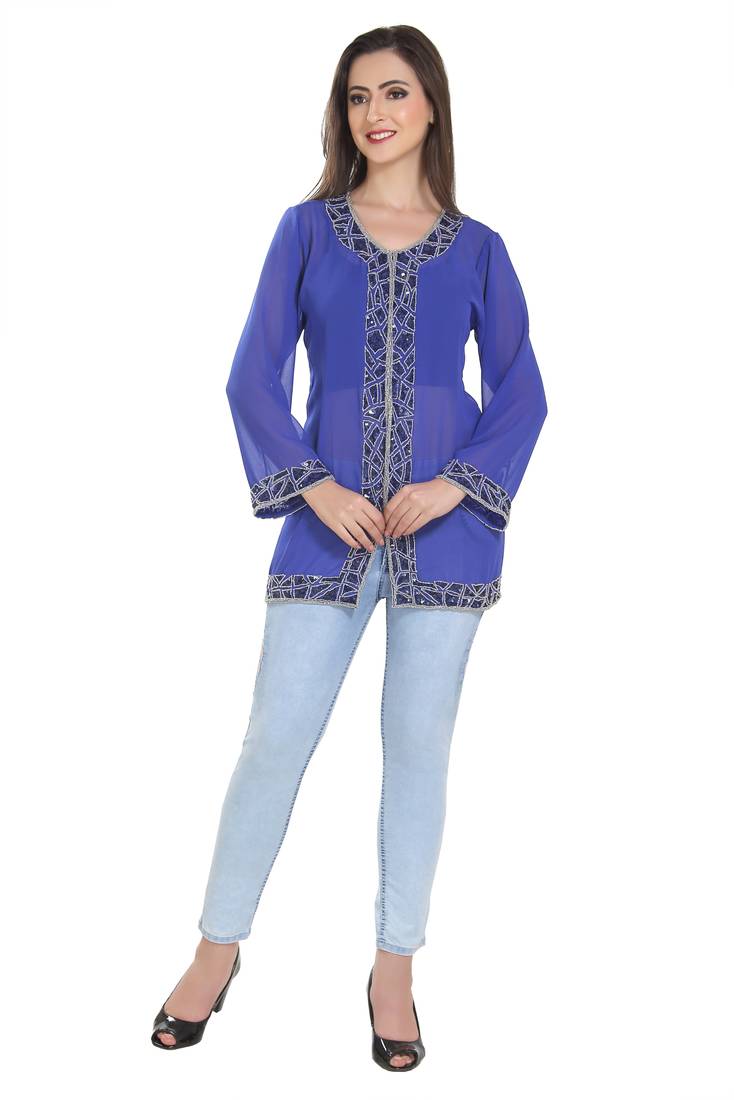 Royal Blue Embroidered Georgette Ethnic Kurtis