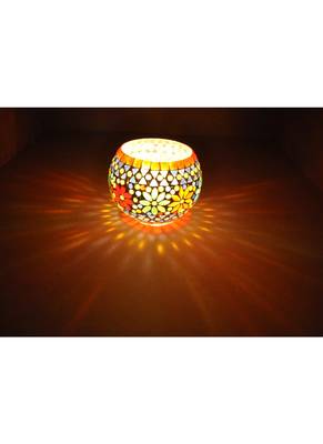Lal Haveli Elegant Vintage Mosaic Vase Decorative Round Glass candle Holder Diwali Gift Hamper 5 Inch 1