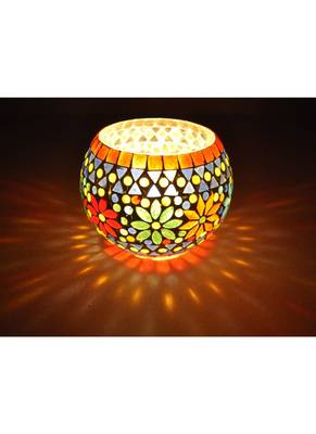 Lal Haveli Elegant Vintage Mosaic Vase Decorative Round Glass candle Holder Diwali Gift Hamper 5 Inch 2