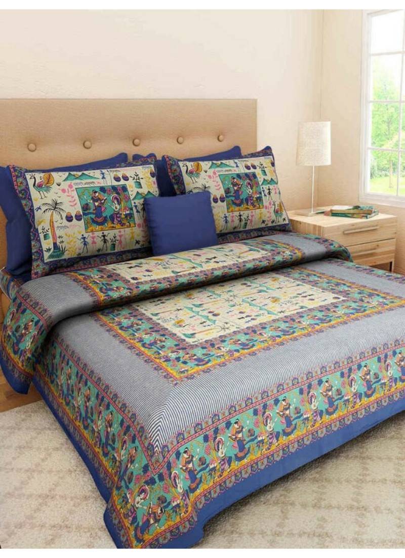 Indian Jaipuri Printed Queen Size Cotton Bedding Bedsheet With 2 Pillow