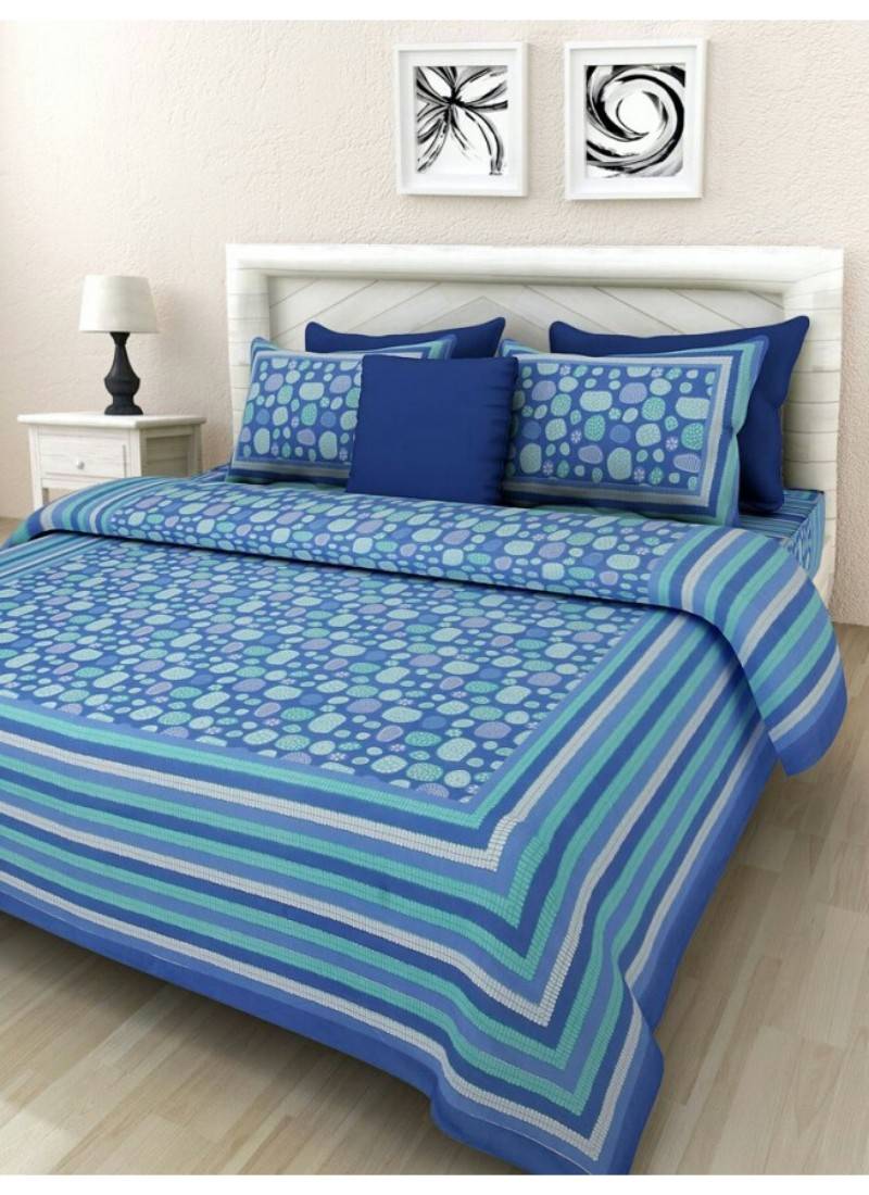 Handmade Hand Screen Printed Cotton Bedding Bedsheet With 2 Pillow Cover Queen Size Bedspread