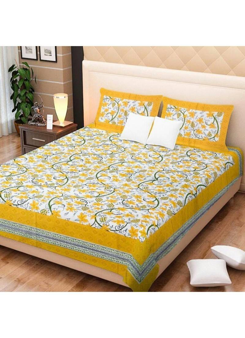 Indian Cotton Print Queen Size Cotton Bedding Bedsheet With 2 Pillow
