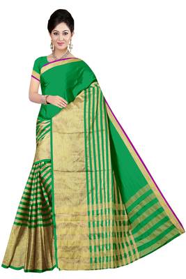 Green Printed Poly Cotton Saree With Blouse 1