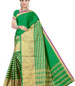 Green Printed Poly Cotton Saree With Blouse