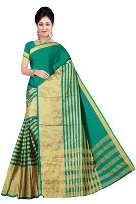 Green Printed Poly Cotton Saree With Blouse 1