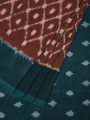 Rust and Green Pochampally Ikat Cotton Handloom Saree with Grill Design 5