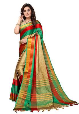 Green woven cotton silk saree with blouse 1