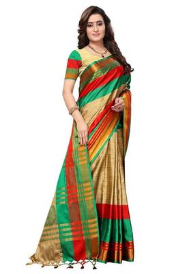Green woven cotton silk saree with blouse 4
