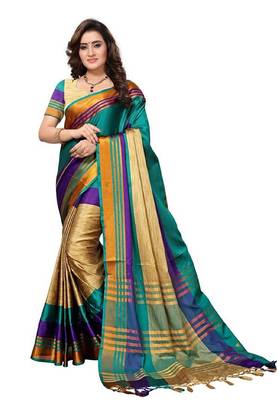 Sky blue woven cotton silk saree with blouse 1