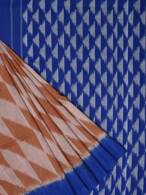 Light Brown and Blue Pochampally Ikat Cotton Handloom Saree with Triangle Pallu Design 1