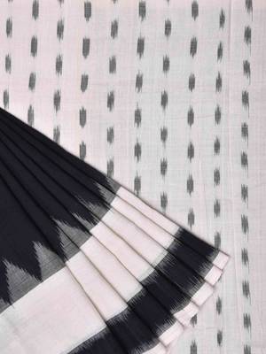 Black and White Pochampally Ikat Cotton Handloom Saree with Temple Border 1