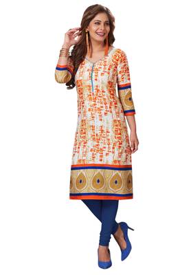 Orange Printed Cotton Cotton Kurtis 1