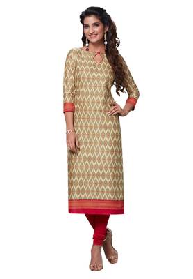 Beige Printed Cotton Cotton Kurtis 1