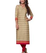 Beige Printed Cotton Cotton Kurtis