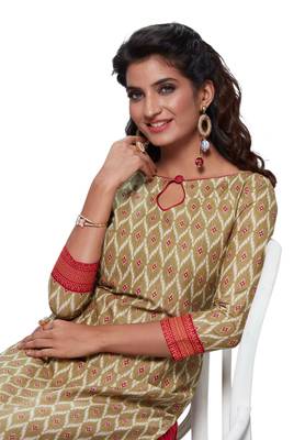 Beige Printed Cotton Cotton Kurtis 4