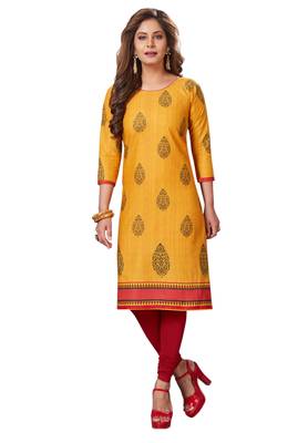 Yellow Printed Cotton Cotton Kurtis 1