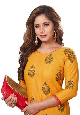 Yellow Printed Cotton Cotton Kurtis 4