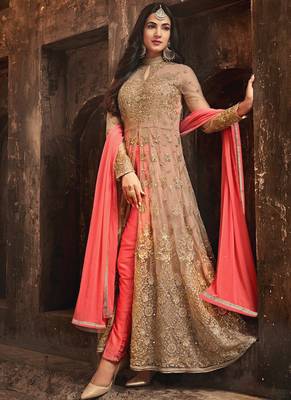 Beige embroidered net Anarkali SUit 1