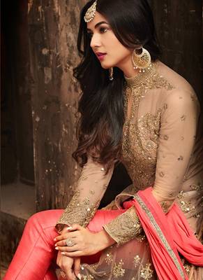Beige embroidered net Anarkali SUit 2