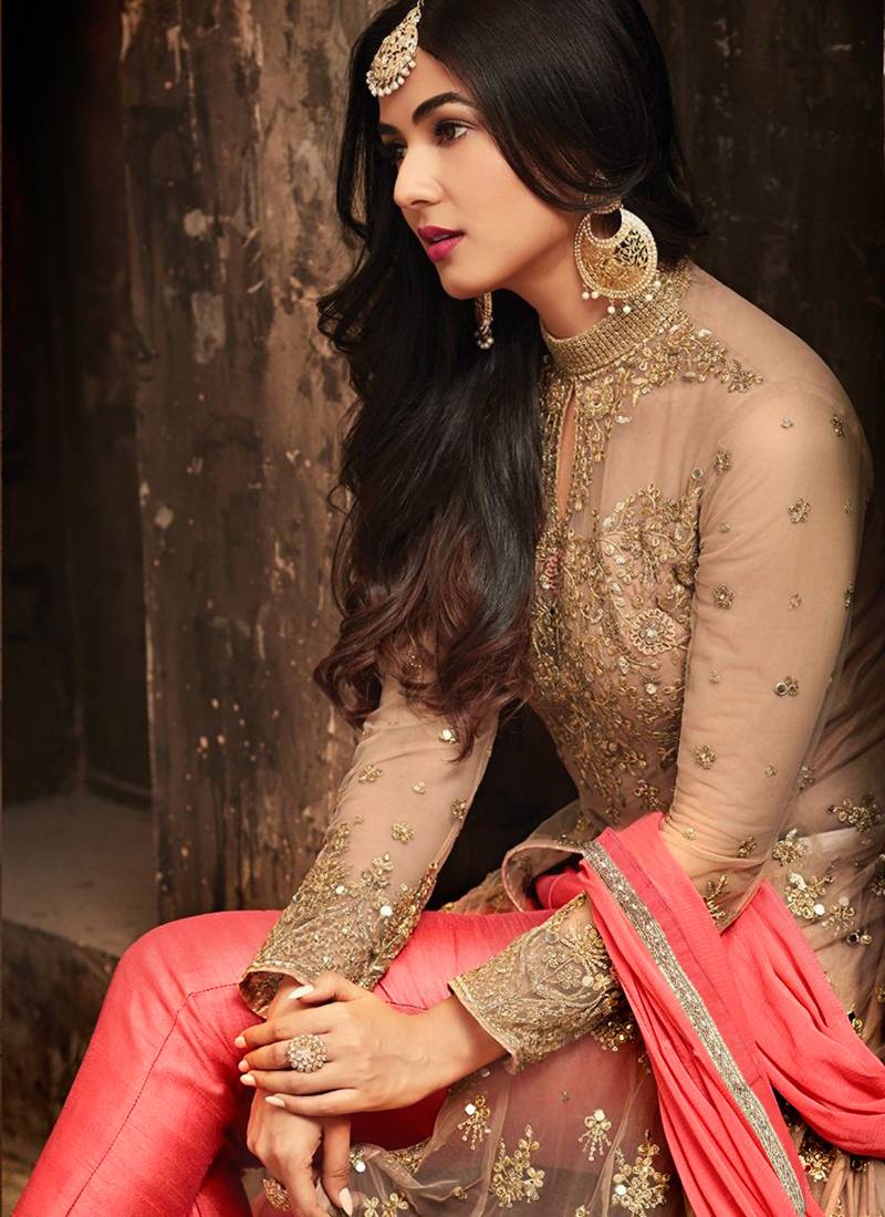 Beige embroidered net Anarkali SUit
