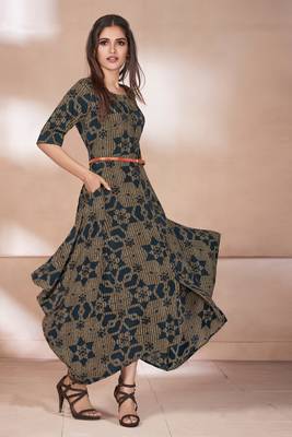 Olive Printed Rayon Long Kurtis 1
