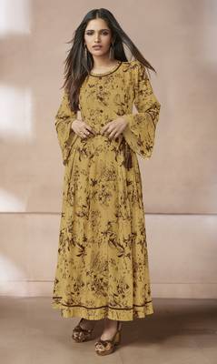 Mustard Printed Rayon Long Kurtis 1