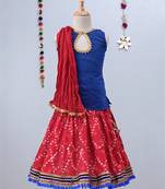 Red Bandhini Ghagra With A Blue Tie Back Choli And Red Dupatta