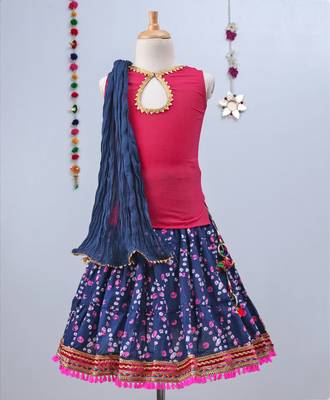 Dark Blue Bandhini Lehenga With Pink Tie Back Choli And Blue Dupatta 1