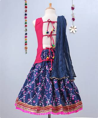 Dark Blue Bandhini Lehenga With Pink Tie Back Choli And Blue Dupatta 2