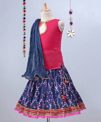 Dark Blue Bandhini Lehenga With Pink Tie Back Choli And Blue Dupatta 3