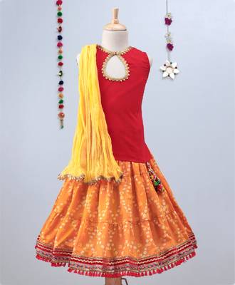 Yellow Bandhini Lehenga With Red Tie Back Choli And Yellow Dupatta 1