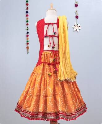 Yellow Bandhini Lehenga With Red Tie Back Choli And Yellow Dupatta 2