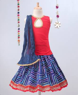 Blue Leheriya Lehenga With Red Tie Back Choli And Blue Dupatta 1